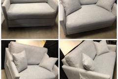 Gray linen oversized chair-and-a-half — four workshop angles