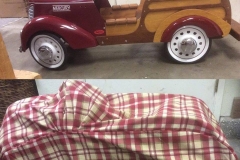 Vintage Mercury pedal car with custom plaid fitted cover