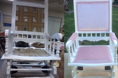 White rocking chair — stripped frame to pink upholstered seat and back