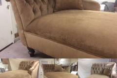 Gold tufted chaise lounge with decorative tassel pillow