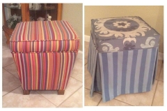 Two custom storage cube ottomans — rainbow stripe and blue medallion print