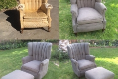 Wingback chair — worn gold to gray chenille with matching ottoman
