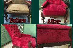Tufted armchair — bare worn frame to red crushed velvet with nailheads