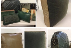 Assorted custom cushions and pillows in green leather and velvet