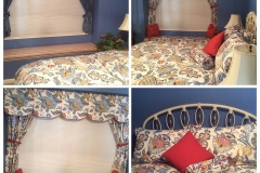 Floral bedding ensemble with valance and canopy in blue bedroom
