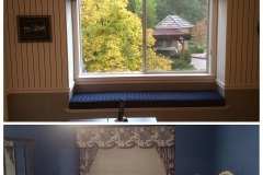 Window seat cushion and floral bedroom curtains with valance