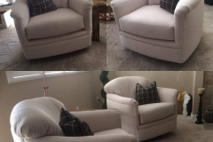 White barrel swivel chair with plaid accent pillow