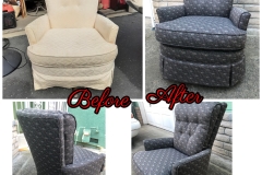 Swivel armchair — white to dark patterned fabric with tufting