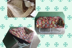 Folding patio loveseat — worn frame to bright floral print cushion