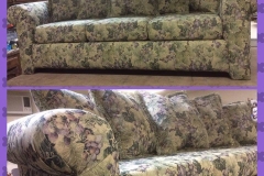 Floral tapestry three-seat sofa with rolled arms