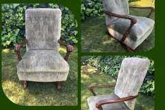 Gray chenille vintage armchair with cherry wood scroll arms