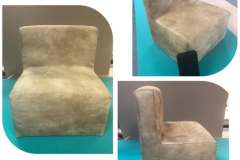 Tan suede modern slipper chair — three workshop angles