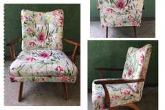 Floral watercolor mid-century armchair with splayed wood legs