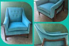 Teal button-tufted mid-century lounge chair — three angles