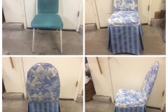 Dining chair — teal vinyl to blue toile slipcover with skirted base