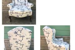 Blue and white floral wingback chair — three angles