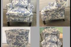 Blue and white toile recliner chair — four angles