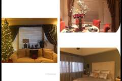 Holiday-decorated client rooms — living, dining, and bedroom with custom drapes