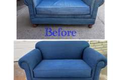 Denim loveseat — faded worn to refreshed blue denim