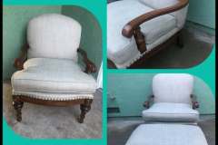 Cream linen bergere armchair with nailhead trim — three angles
