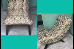Brown circle-pattern mid-century slipper chair — two angles