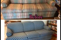 Three-seat sofa — pastel rainbow stripe to blue quatrefoil print