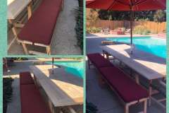 Burgundy outdoor bench cushions on teak poolside picnic table