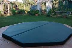 Custom green octagonal hot tub cover in client backyard