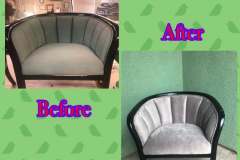 Gray channel-back barrel chair — before and after with text overlay