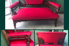 Red tufted Victorian settee with carved fan-detail wood frame